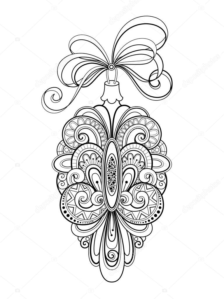 Monochrome Ornate Christmas Decoration. Cone with Bows on Beads in Doodle Line Style for Greeting Card. Coloring Book Page. Vector Contour Illustration