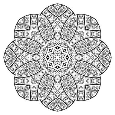 Tek renkli güzel dekoratif süslü Mandala. Çiçek etnik Hint muska. Art Deco, Paisley Bahçe stil tasarım öğesi. Boyama kitabı sayfası