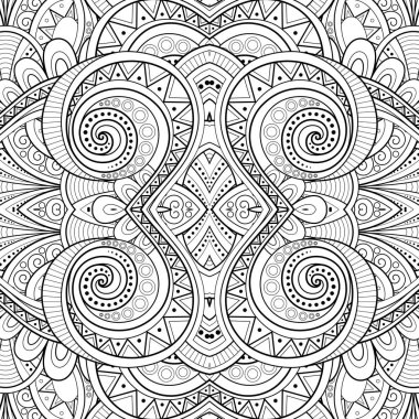 Tek renkli sorunsuz döşeme deseni, süslü Kaleidoscope. Sonsuz etnik doku soyut tasarım öğesi ile. Art Deco, Nouveau, Paisley Bahçe tarzı. Boyama kitabı sayfası. 3d kontur illüstrasyon vektör