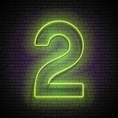 Vintage kızdırma tabela yeşil iki numara kesintisiz tuğla duvar, parlak Neon ışık tasarım öğesi ile. Vektör 3d çizim