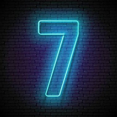 Vintage kızdırma tabela ile mavi numarası yedi sorunsuz tuğla duvar, parlak Neon ışık tasarım öğesi. Vektör 3d çizim