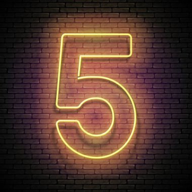 Vintage kızdırma tabela sarı beş numara kesintisiz tuğla duvar, parlak Neon ışık tasarım öğesi ile. Vektör 3d çizim