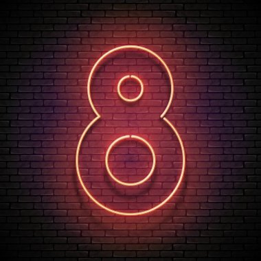 Vintage kızdırma tabela ile kırmızı sekiz numara kesintisiz tuğla duvar, parlak Neon ışık tasarım öğesi. Vektör 3d çizim