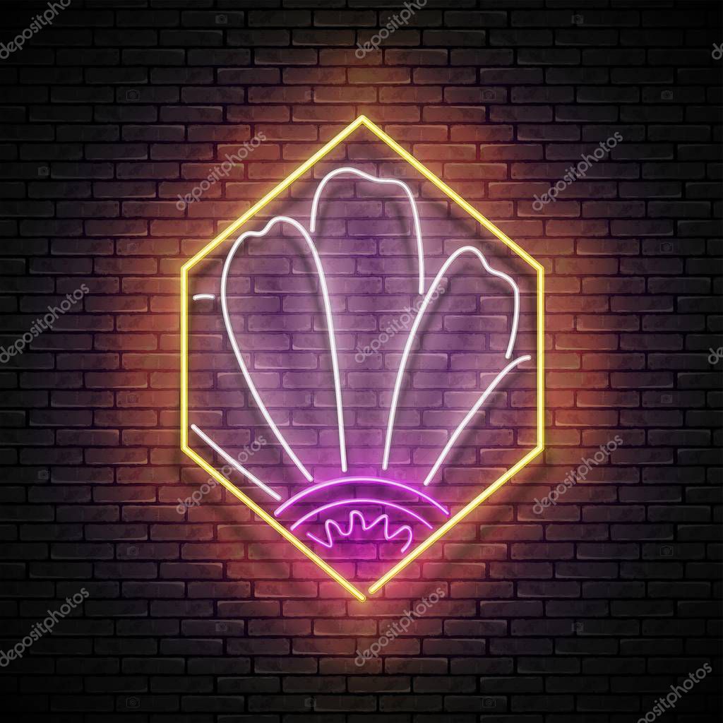 Vintage Glow Poster with Flower in Honeycomb. Neon Lettering on Seamless Brick Wall. Template for Banner