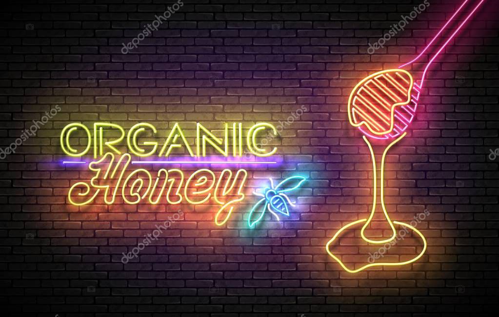 Vintage Glow Poster with Flowing Honey on dipper and Neon Lettering on Seamless Brick Wall. Template for Banner