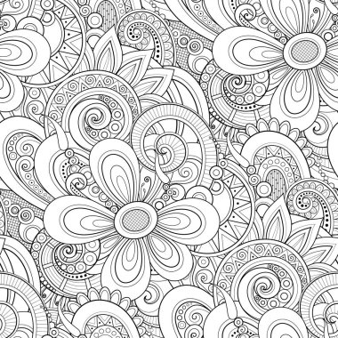 Tek renkli Seamless modeli bitkisel motifler ile. Çiçek ve yaprak Doodle çizgi stili ile sonsuz doku