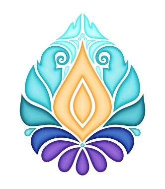 Renkli dekoratif Şam tasarım öğesi. Etnik soyut simetrik nesne. Bitkisel motifler, Paisley bahçe tarzı. Gerçekçi karmaşık süsleme. Vektör 3d çizim