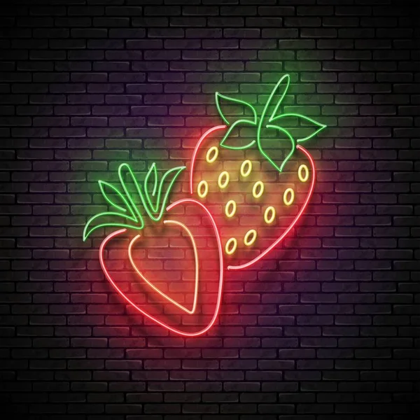 Vintage Glow Signboard Mit Erdbeeren Auf Nahtloser Ziegelwand Vorlage Für — Stockvektor