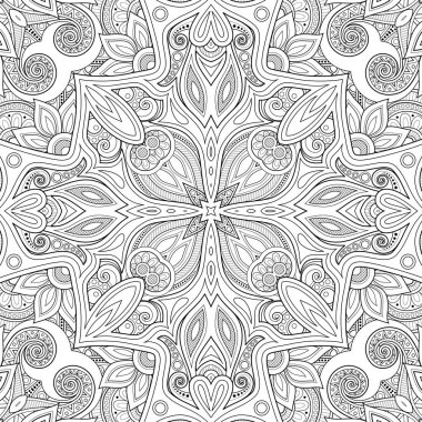 Mozaik Motifli Tek Krom Kusursuz Desen. Paisley Hint usulü bitmeyen çiçek dokusu. Döşeme Etnik Geçmişi. Boyama Kitabı Sayfası. Vector Contour İllüstrasyonu. Soyut Mandala Sanatı