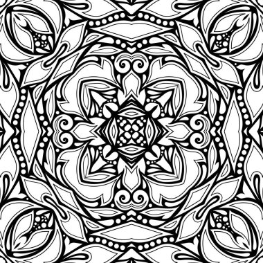 Tek renkli Dikişsiz desen Etnik çiçek motifi. Sonsuz doku soyut tasarım öğesi ile. Hint, Türk, Batik, Paisley Bahçe tarzı. Basit boyama kitabı sayfası. Vektör kontur çizim