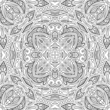 Çiçeksel Etnik Motifli Tek Renkli Kusursuz Desen. Soyut Tasarım Elementleri ile Sonsuz Doku. Hint, Türk, Batik, Paisley Garden Style. Boyama Kitabı Sayfası. Vektör 3d Katılım Çizimi