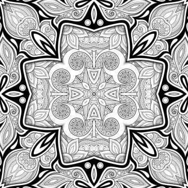 Tek renkli mozaik Motif ile Seamless modeli. Sonsuz çiçek dokusu Paisley Hint tarzı içinde. Etnik köken döşeme. Boyama kitabı sayfası. 3d kontur illüstrasyon vektör. Soyut Mandala sanat