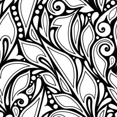 Çiçek etnik motiflerle tek renkli Seamless modeli. Sonsuz doku Şam tasarım öğesi ile. Hint, Türk, desenli Bahçe tarzı. Basit boyama kitabı sayfası. Vektör kontur çizim