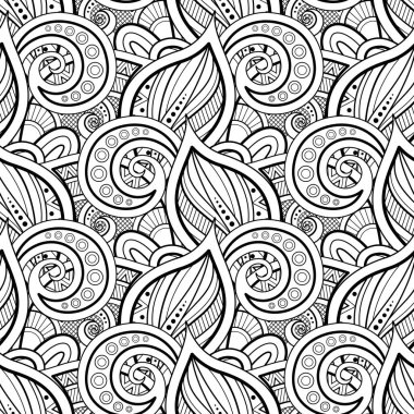 Tek renkli Seamless Modeli bitkisel motifler ile. Sonsuz doku yaprakları ve Swirls ile. Doğal arka planda Doodle tarzı. Boyama kitabı sayfası. Vektör kontur çizim. Süslü sanat