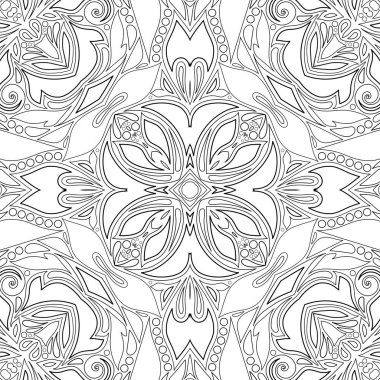 Tek renkli Dikişsiz desen Etnik çiçek motifi. Sonsuz doku soyut tasarım öğesi ile. Hint, Türk, Batik, Paisley Bahçe tarzı. Basit boyama kitabı sayfası. Vektör kontur çizim