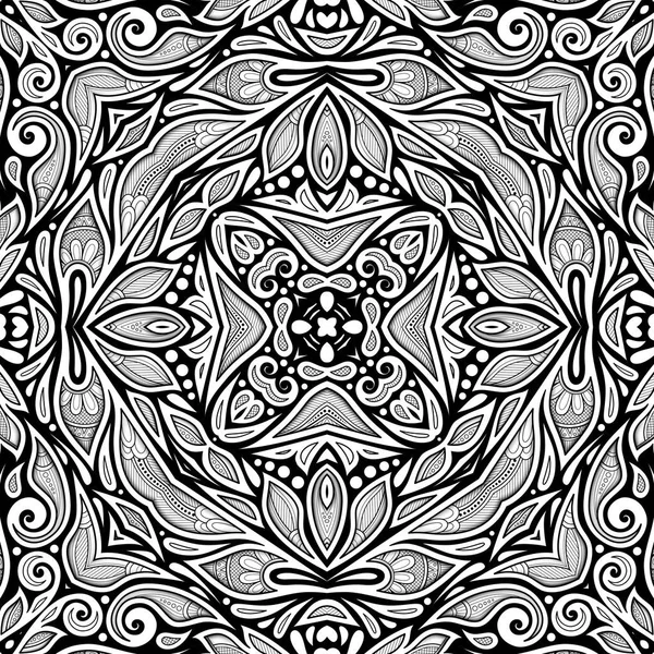 Černobílý Bezešvý Vzor Květinovými Etnickými Motivy Nekonečná Textura Abstraktními Prvky — Stockový vektor