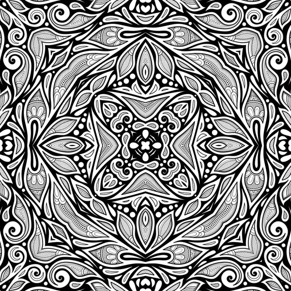 모노크롬 바다없는 Monochrome Seamless Pattern Floral Ethnic Motifs 추상적 요소를 — 스톡 벡터