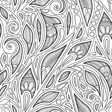 Çiçek etnik motiflerle tek renkli Seamless modeli. Sonsuz doku Şam tasarım Elements.Simple boyama kitabı sayfası ile. Vektör kontur çizim