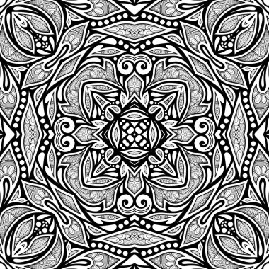 Çiçek etnik motiflerle tek renkli Seamless modeli. Sonsuz doku Şam tasarım Elements.Simple boyama kitabı sayfası ile. Vektör kontur çizim