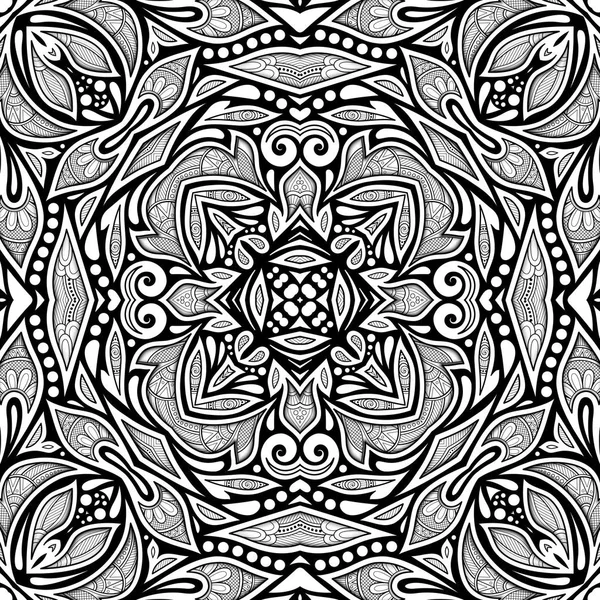 Monochromes Nahtloses Muster Mit Floralen Ethnischen Motiven Endlose Textur Mit — Stockvektor