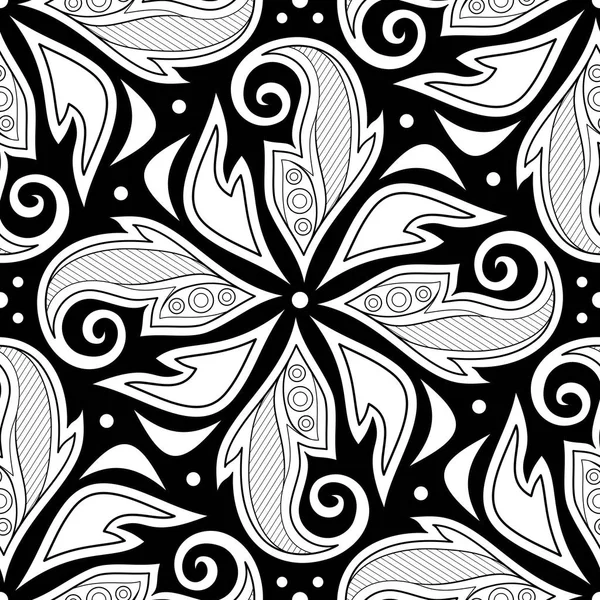 Monochrome Seamless Pattern Floral Ethnic Motifs Endless Texture Damask Design - Stok Vektor