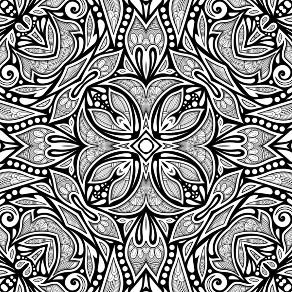エスニック花柄のモノクロのシームレス パターン — ストックベクタ