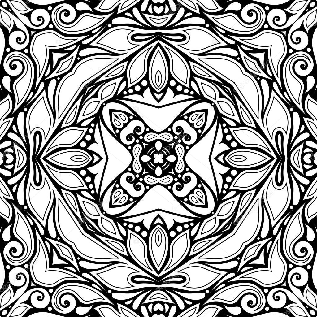 Monochrome Seamless Pattern with Floral Ethnic Motif