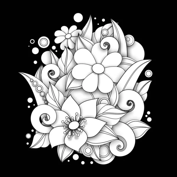 Ilustrasi Floral Monokrom dalam Gaya Doodle - Stok Vektor