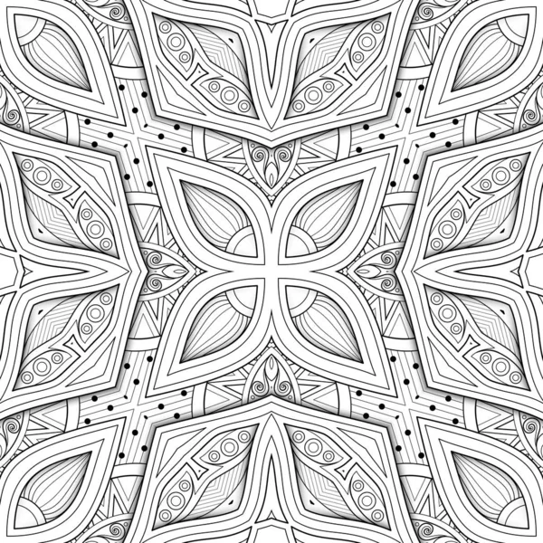 Monochrome Seamless Pattern with Floral Ethnic Motifs — Stock Vector