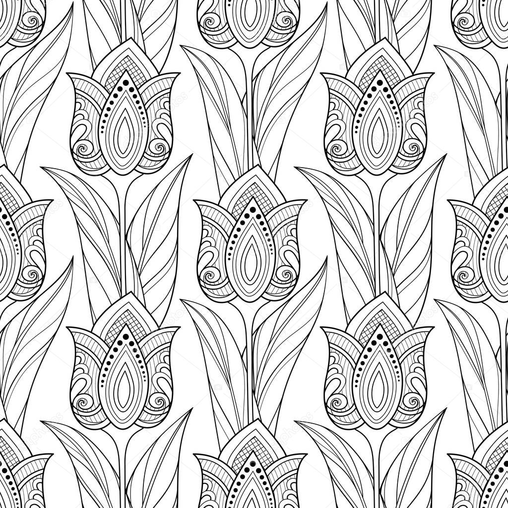 Monochrome Seamless Pattern with Tulips