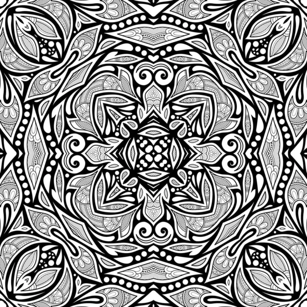 Patrón monocromo sin costura con motivos étnicos florales — Vector de stock