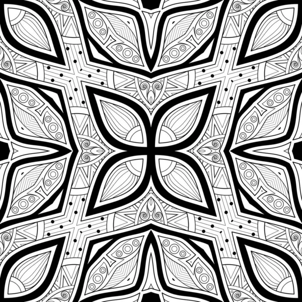 Patrón monocromo sin costura con motivos étnicos florales — Vector de stock