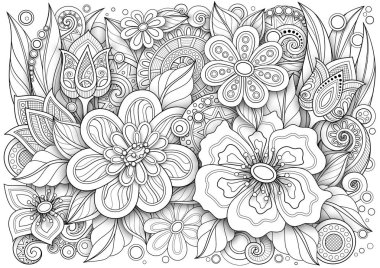 Çiçeklerin dekoratif bileşimi ile Doodle tarzı mono Floral Illustration ve swirls ile yaprakları. Zarif doğal motif. Boyama kitabı sayfası. Vektör kontur 3D sanat 