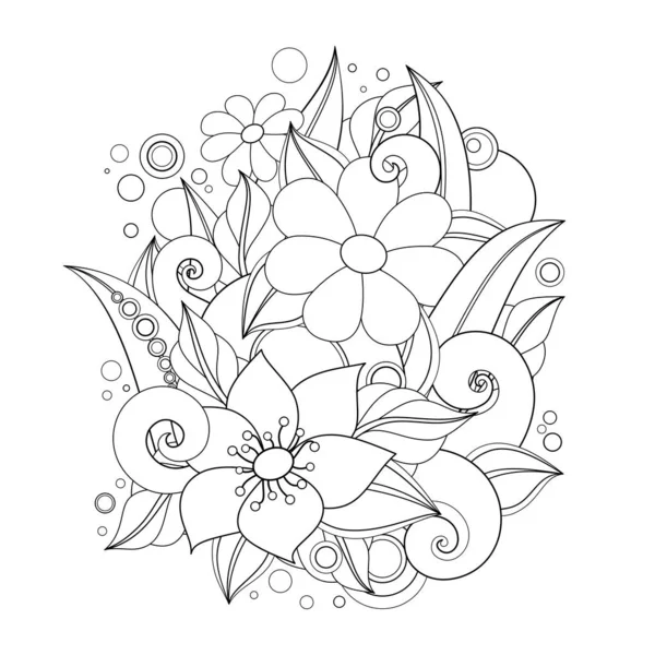 Illustration Florale Monochrome Style Caniche Avec Composition Décorative Fleurs Feuilles — Image vectorielle
