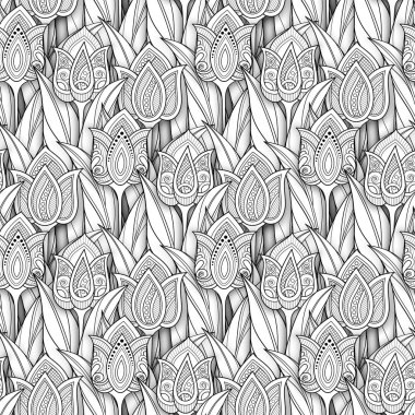 Lale, çiçek motifleri ile mono Dikişsiz desen. Batik, Paisley Bahçe stili. Boyama kitabı sayfası. Vektör 3D kontur Illustration. 