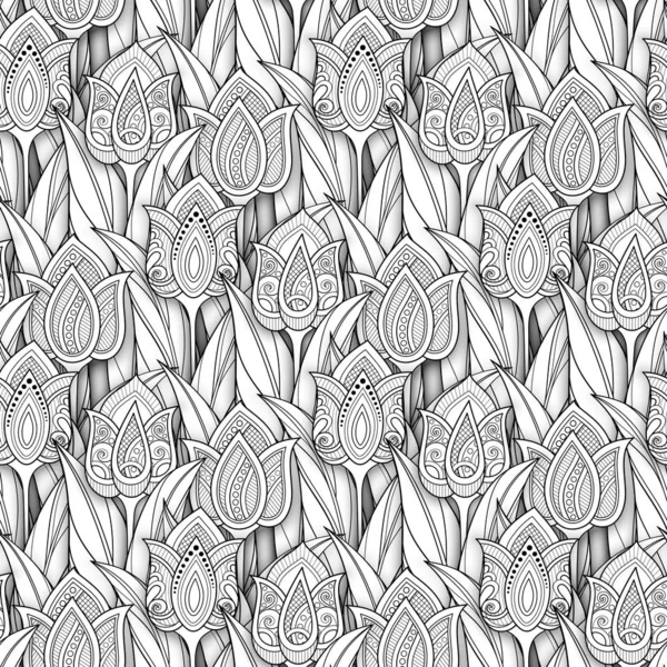 Monokrom Sömlösa Mönster Med Tulpaner Blom Motiv Batik Paisley Trädgård — Stock vektor