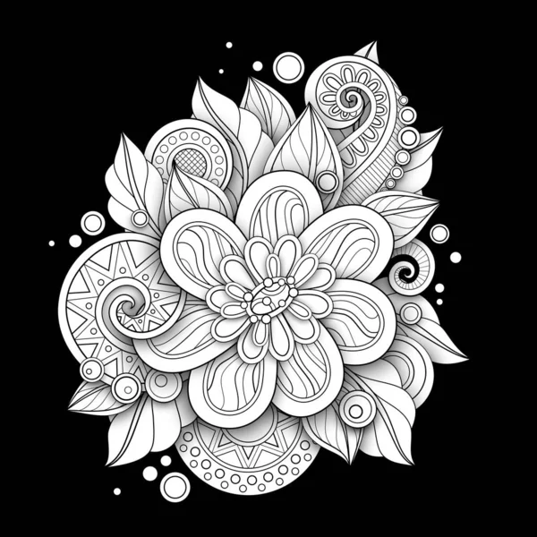 Monokrom Floral Illustration Doodle Style Dengan Komposisi Dekoratif Bunga Dan - Stok Vektor