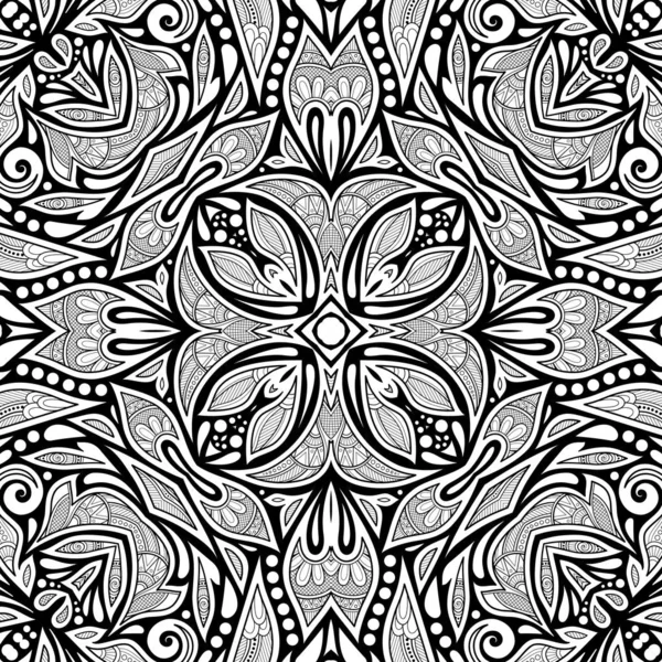 Modèle Sans Couture Monochrome Avec Motifs Ethniques Floraux Texture Sans — Image vectorielle