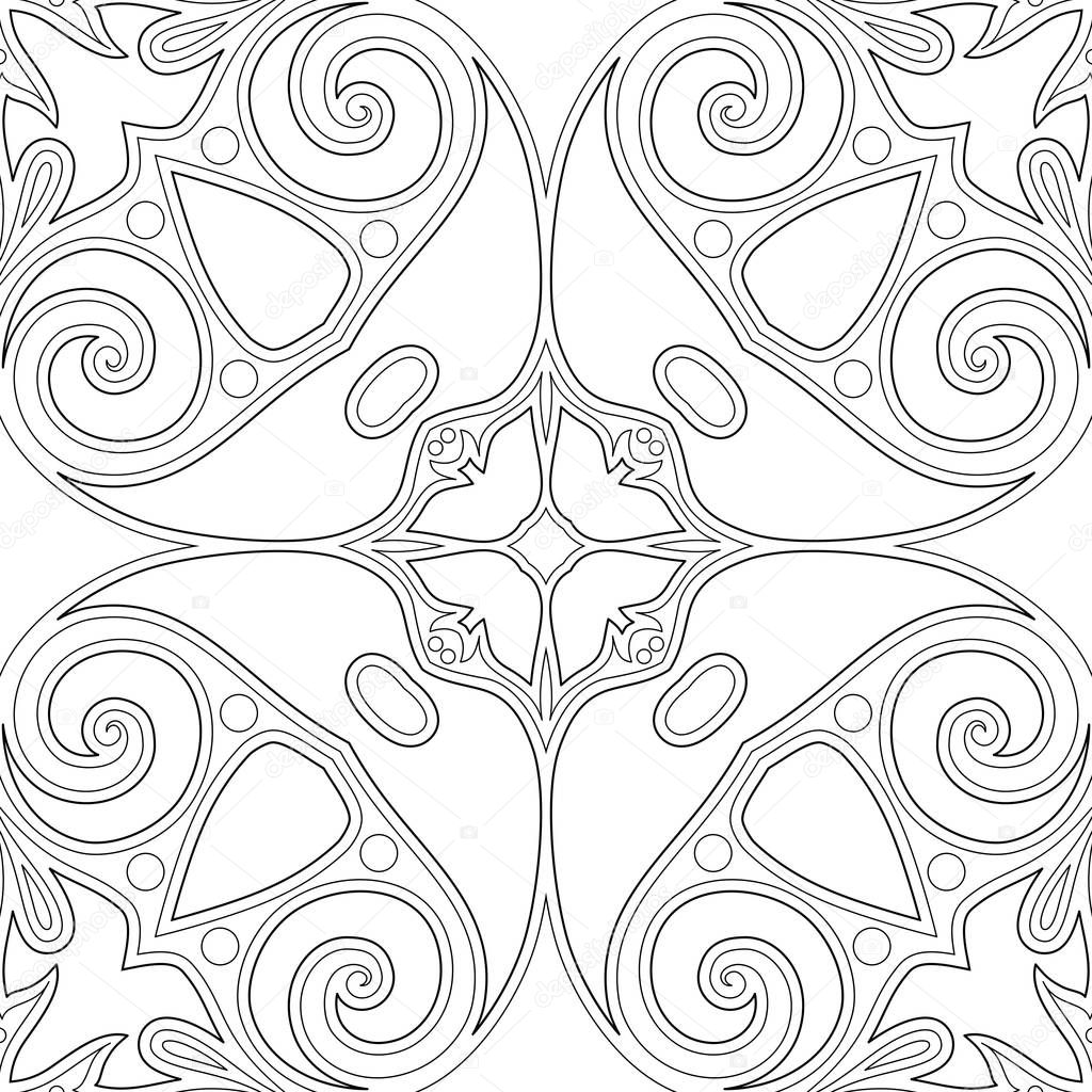 Monochrome Seamless Pattern with Floral Ethnic Motifs. Endless Texture with Damask Design Elements.Simple Coloring Book Page. Vector Contour Illustration