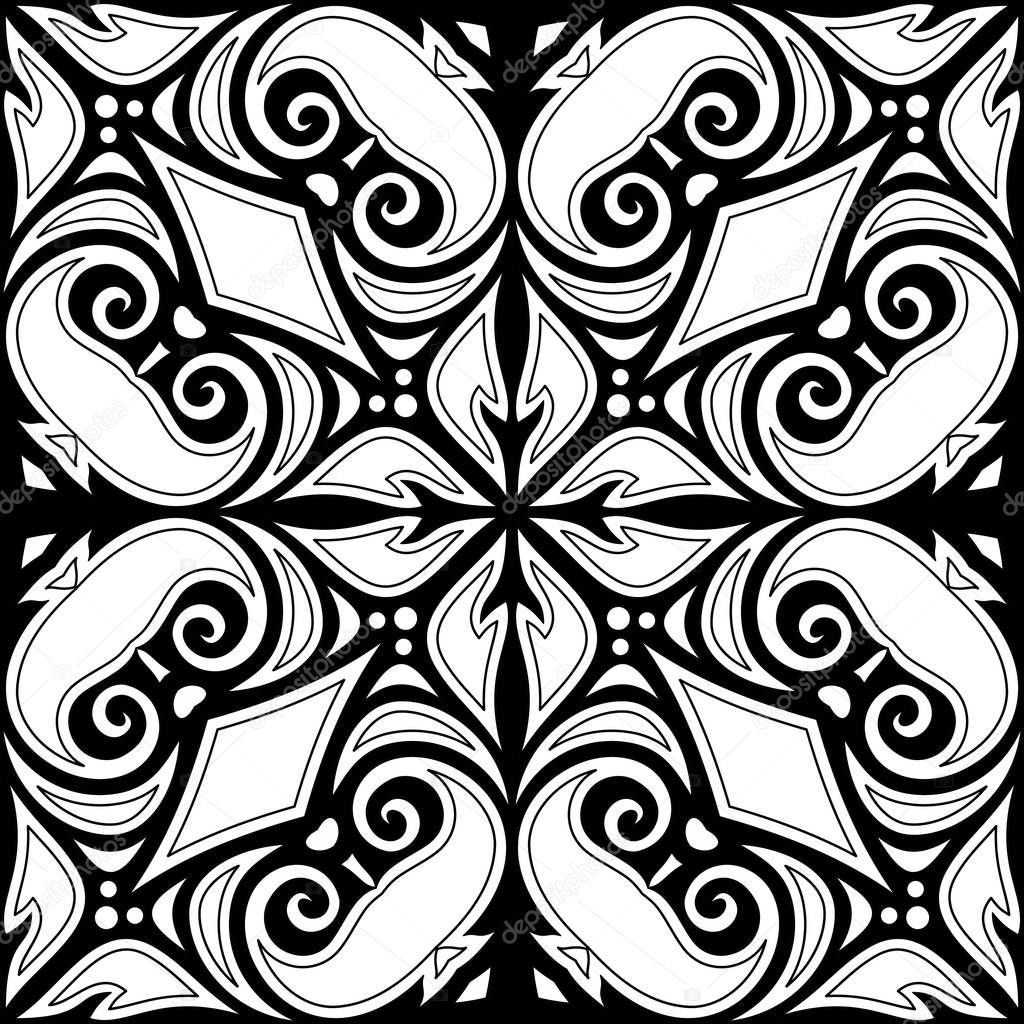 Monochrome Seamless Pattern with Floral Ethnic Motifs. Endless Texture with Abstract Design Elements. Indian, Turkish, Batik, Paisley Garden Style. Coloring Book Page. Vector 3d Contour Illustration