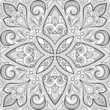 Çiçek etnik motiflerle tek renkli Seamless modeli. Sonsuz doku Şam tasarım Elements.Simple boyama kitabı sayfası ile. Vektör kontur çizim