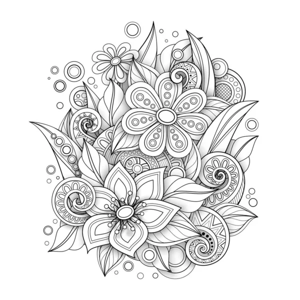 Monochrome Floral Illustration Doodle Style Dengan Komposisi Dekoratif Flowers Leaves - Stok Vektor