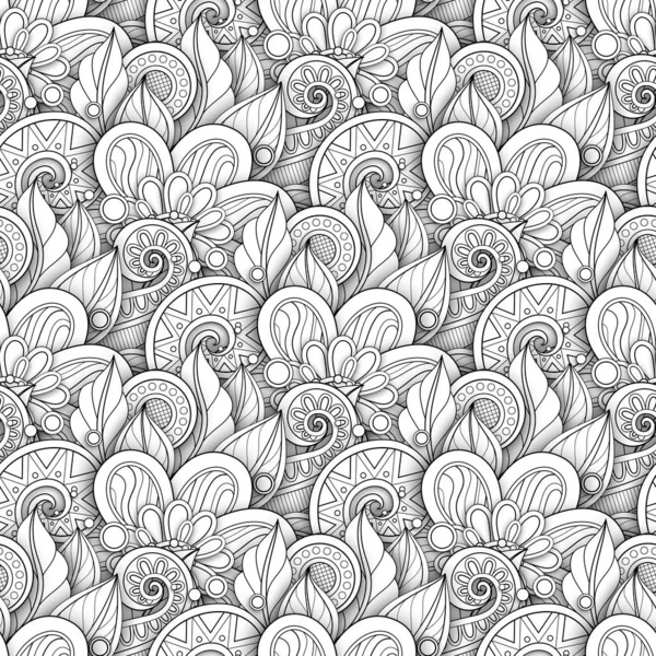 Monochrome Seamless Pattern Floral Motifs Endless Texture Flowers Leaves Doodle — Stock Vector