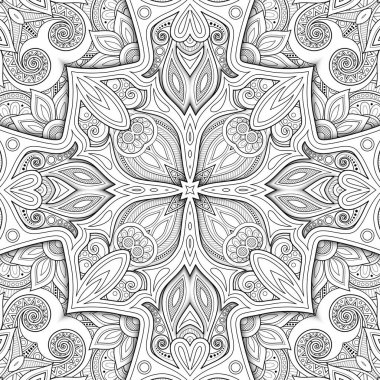 Tek renkli mozaik Motif ile Seamless modeli. Sonsuz çiçek dokusu Paisley Hint tarzı içinde. Etnik köken döşeme. Basit boyama kitabı sayfası