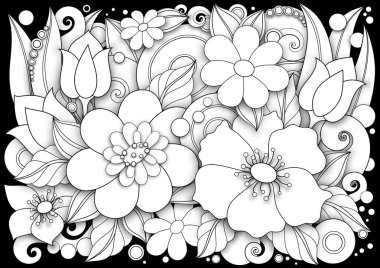 Tek renkli Seamless modeli bitkisel motifler ile. Çiçek ve yaprak Doodle çizgi stili ile sonsuz doku