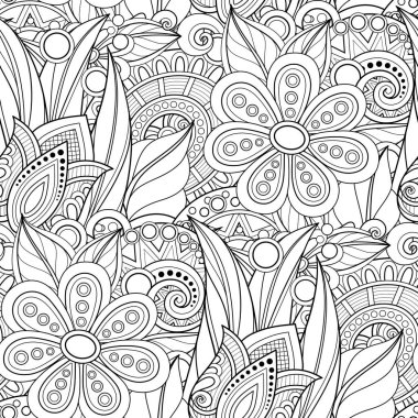 Tek renkli Seamless modeli bitkisel motifler ile. Çiçek ve yaprak Doodle çizgi stili ile sonsuz doku