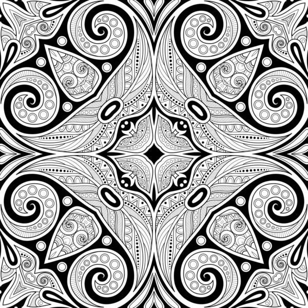 Monochrome Seamless Pattern Mosaic Motif Endless Floral Texture Paisley Indian — Stock Vector