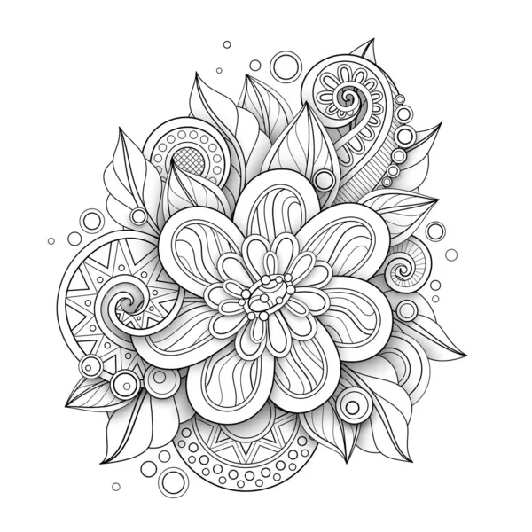 涂鸦风格的单色花卉插图 装饰性花与叶子和漩涡 矢量轮廓艺术 — 图库矢量图片