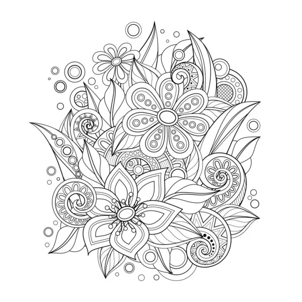 涂鸦风格的单色花卉插图 装饰性花与叶子和漩涡 矢量轮廓艺术 — 图库矢量图片