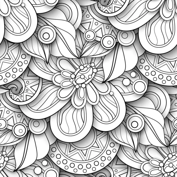 Monochrome Seamless Pattern Floral Motifs Endless Texture Flowers Leaves Doodle — Stock Vector